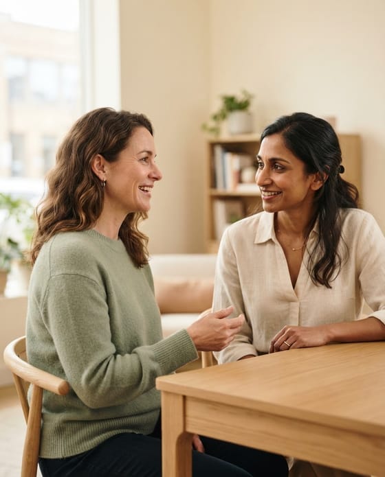 Two women talking at a table
