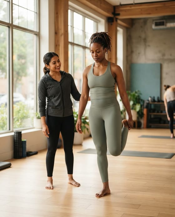 Two people walking through a bright fitness studio