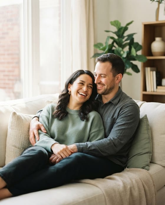 A couple relaxing together on a sofa
